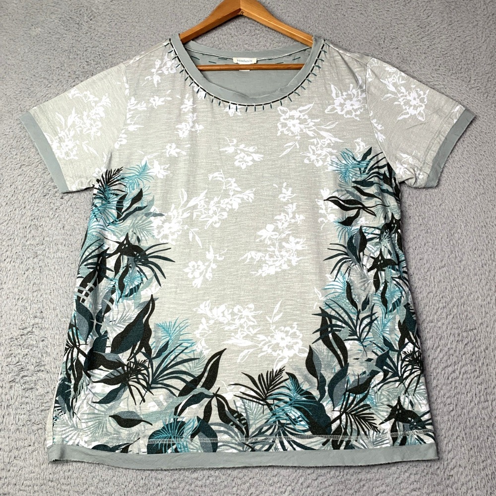 Sundance Light Gray Tee with Teal & Black Botanical Border